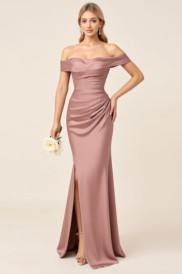 Dusty Rose Matt Satin Off The Shoulder rynkad brudtärna klänning